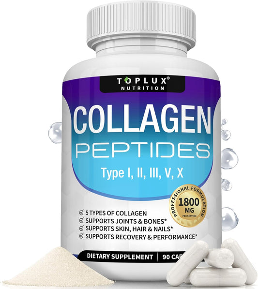 Toplux Multi Collagen Peptides Pills 1800 Mg Complex - Type I, II, III, V, X Premium Collagen Complex for Better Skin & Hair, Strong Joint, Hydrolyzed Protein