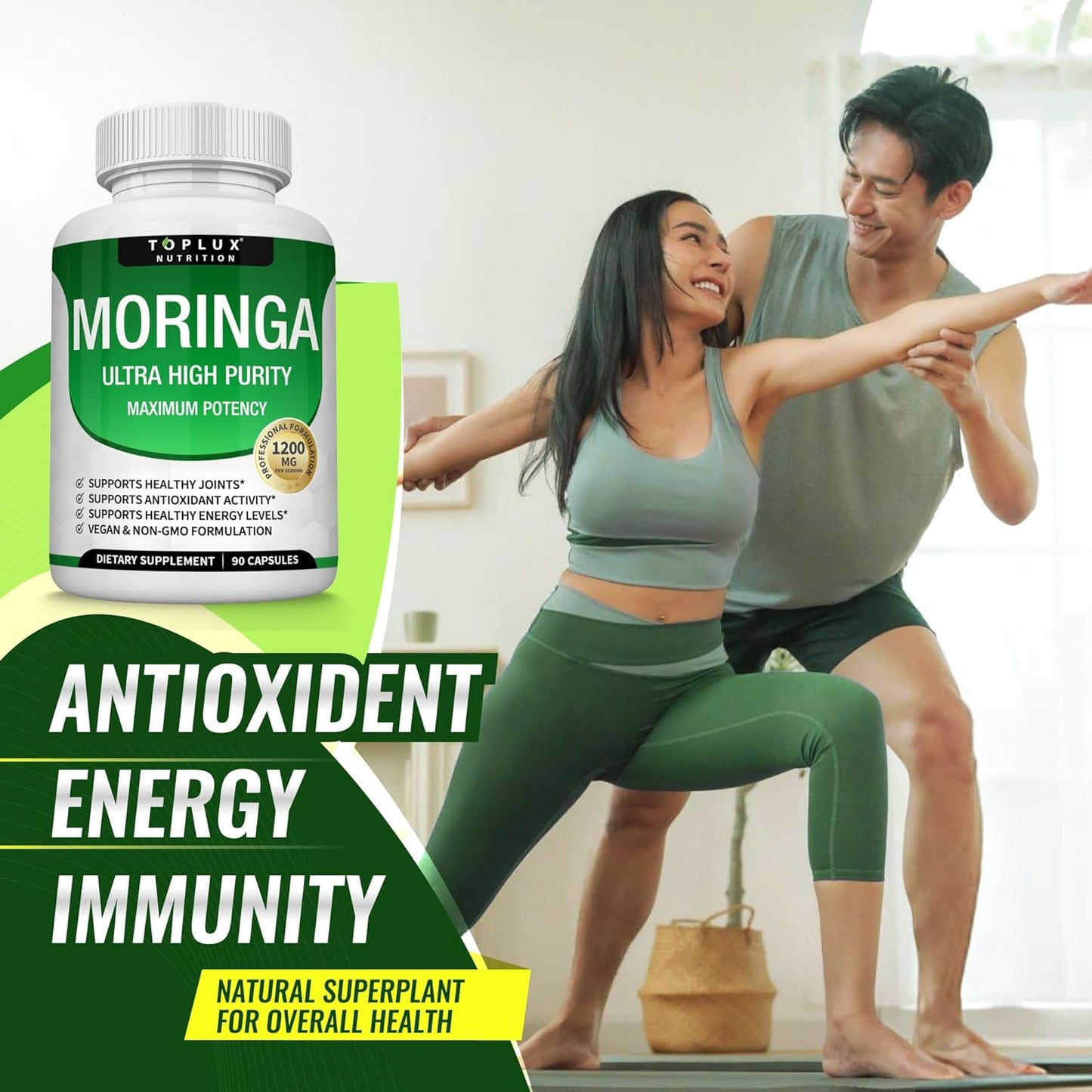 Toplux Moringa Capsules 1200mg – Pure Moringa Powder High Potency Leaf Extract Green Superfood Rich in Antioxidant, for Energy & Immune Support, Vegan Non-GMO
