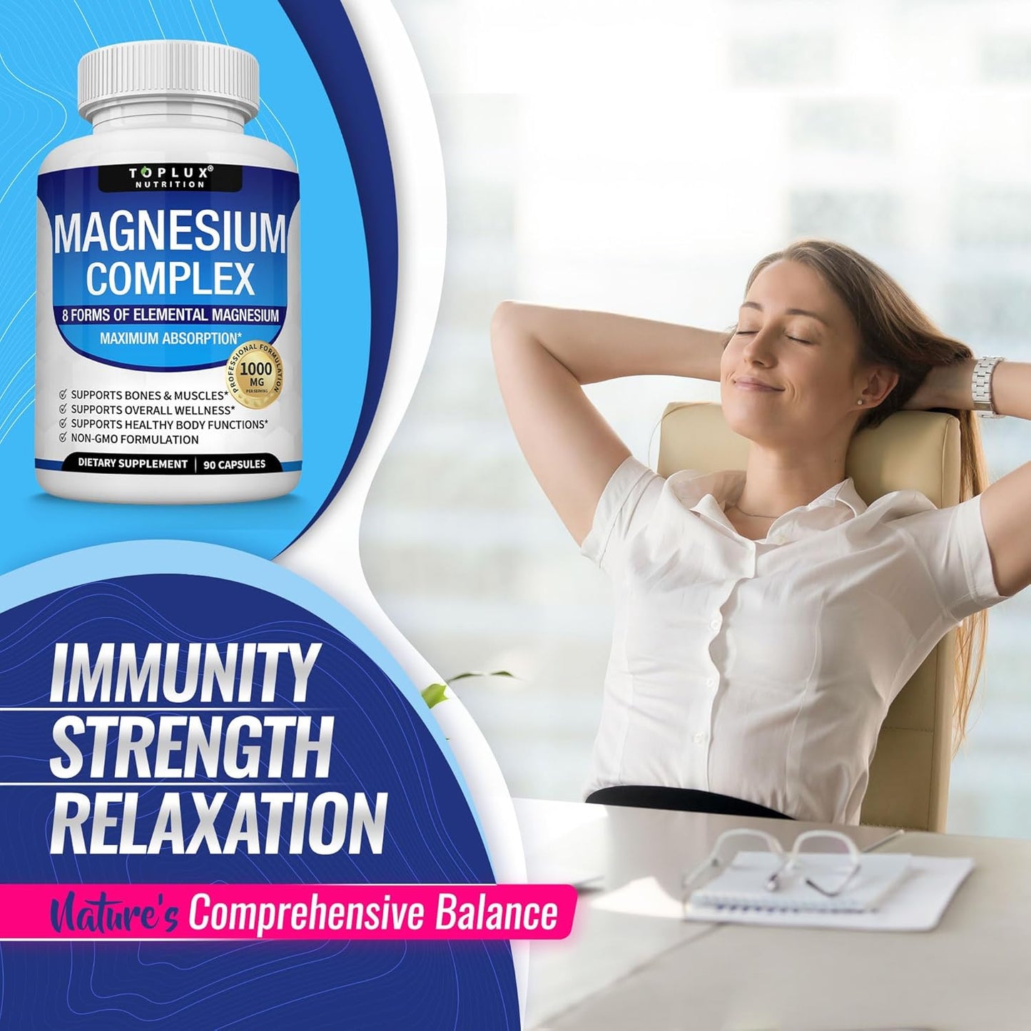 Magnesium Complex Supplement 8 Elemental 1000mg - Magnesium Glycinate, Citrate, Malate, Taurate, Chelated for Easy Absorption for Bones, Muscle, Recovery, Energy