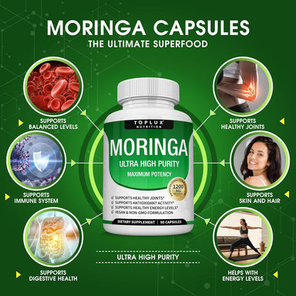 Toplux Moringa Capsules 1200mg – Pure Moringa Powder High Potency Leaf Extract Green Superfood Rich in Antioxidant, for Energy & Immune Support, Vegan Non-GMO