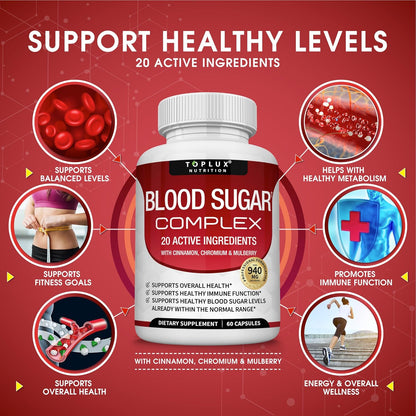 Blood Sugar Complex Supplement - Supports Healthy Blood Sugar Levels Already Within Normal Range All Natural with Cinnamon, Bitter Melon, Chromium, Mulberry, Alpha Lipoic Acid, Non-GMO