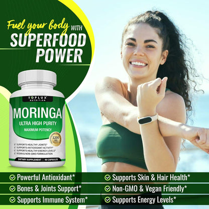 Toplux Moringa Capsules 1200mg – Pure Moringa Powder High Potency Leaf Extract Green Superfood Rich in Antioxidant, for Energy & Immune Support, Vegan Non-GMO