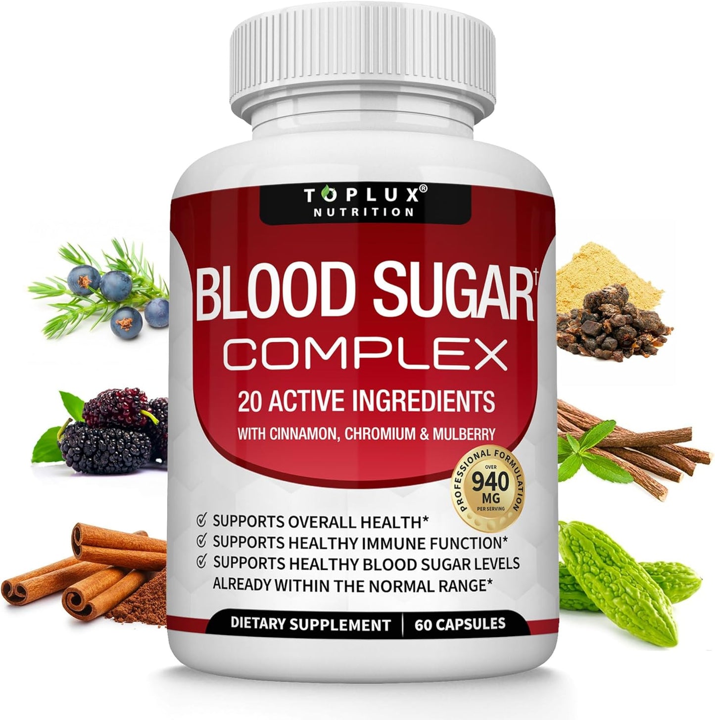 Blood Sugar Complex Supplement - Supports Healthy Blood Sugar Levels Already Within Normal Range All Natural with Cinnamon, Bitter Melon, Chromium, Mulberry, Alpha Lipoic Acid, Non-GMO