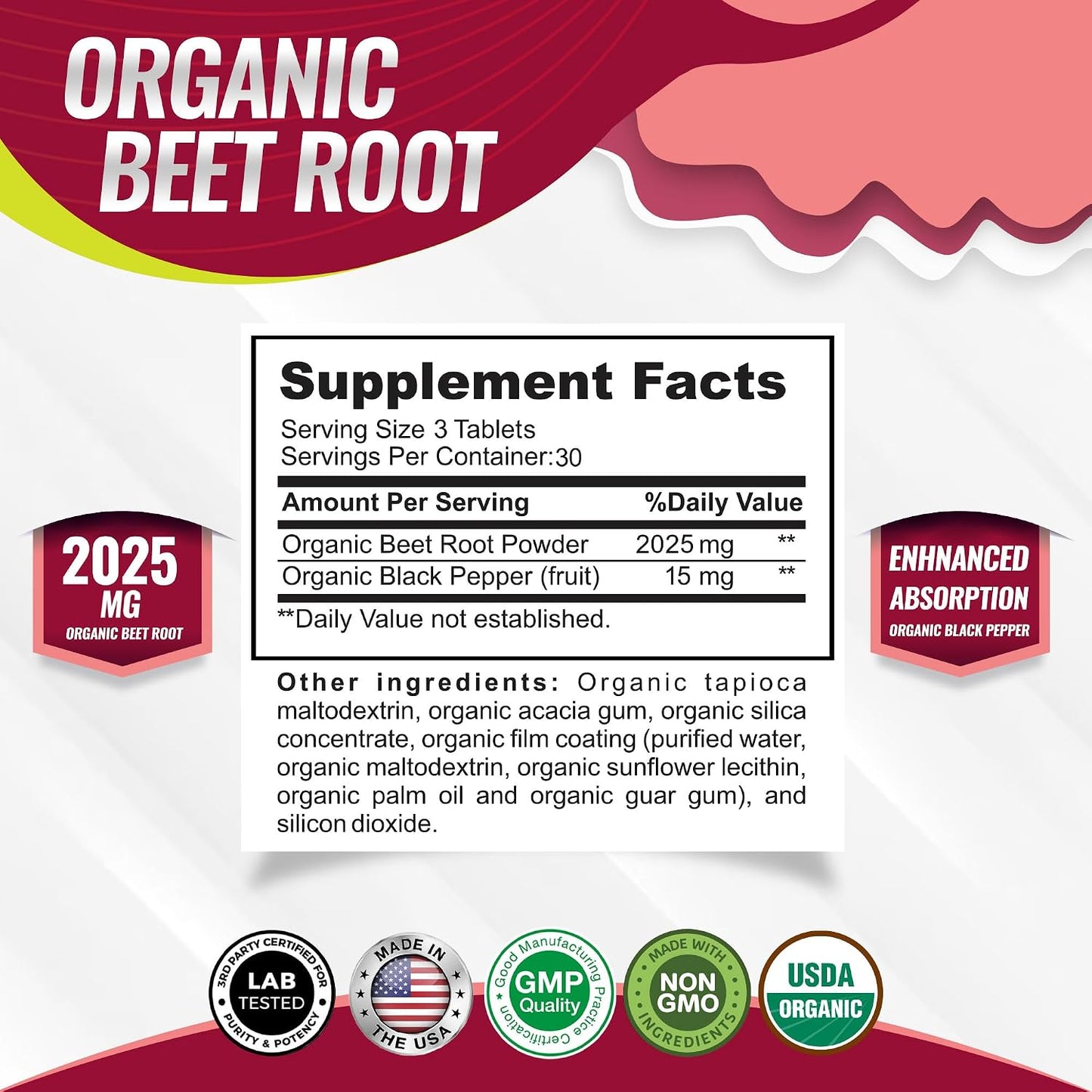 Toplux Organic Beet Root Powder Tablets - 2040mg Natural Nitric Oxide Beets to Support, Energy, Black Pepper Better Absorption