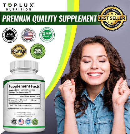 Toplux Moringa Capsules 1200mg – Pure Moringa Powder High Potency Leaf Extract Green Superfood Rich in Antioxidant, for Energy & Immune Support, Vegan Non-GMO
