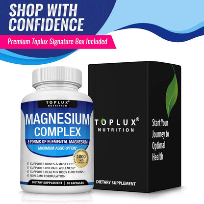 Magnesium Complex Supplement 8 Elemental 1000mg - Magnesium Glycinate, Citrate, Malate, Taurate, Chelated for Easy Absorption for Bones, Muscle, Recovery, Energy